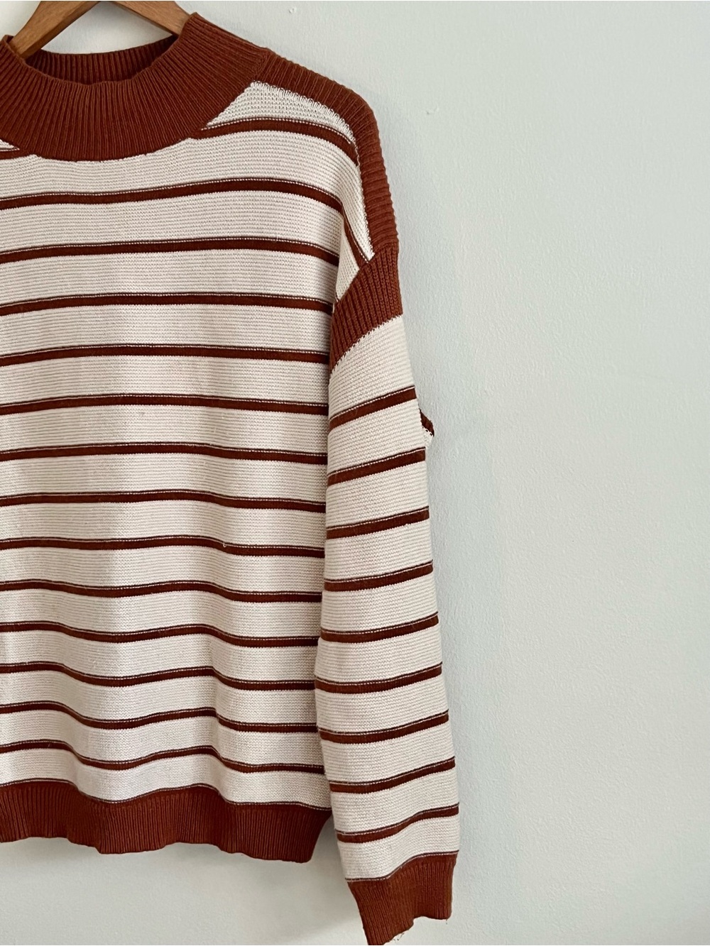 Pink Martini Oversized Burgundy & Cream Striped Knit Sweater XS PTP 21 inch - Picture 5 of 8